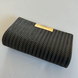 Vintage Mid Century Modern woven leather hard shell clutch gray 9 x 5